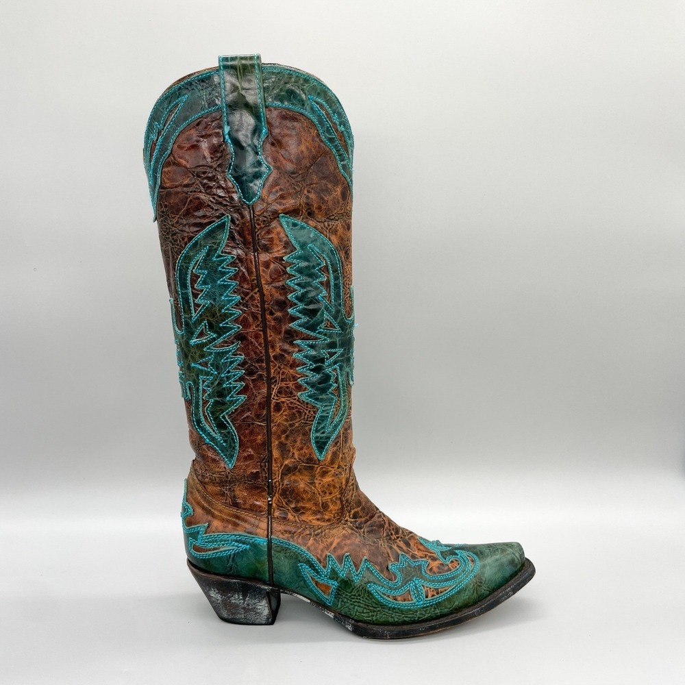 Corral Womens 9.5M Teal Brown Distressed Phonix Eagle Snip Toe Cowboy Boots Boho